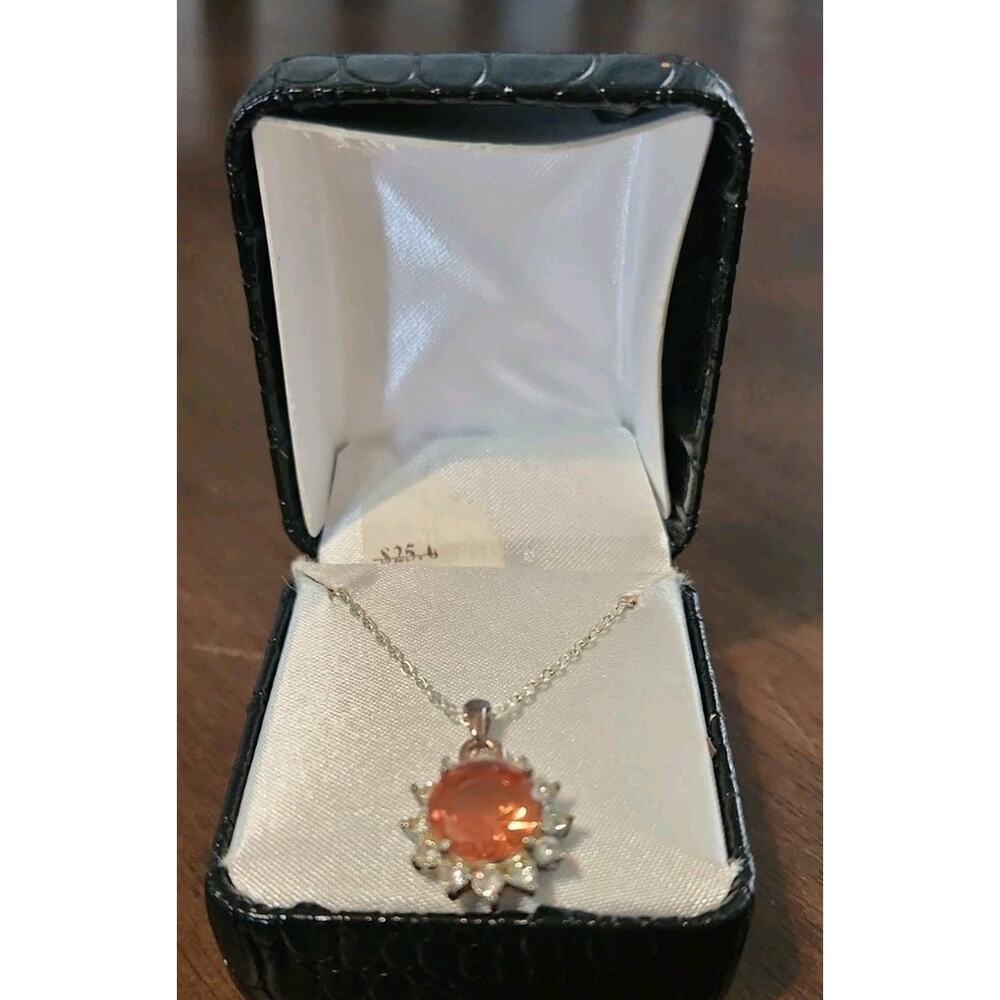 silver necklace W/peach sunstone pendant surrounded by a halo of Accent Stones - Picture 3 of 5